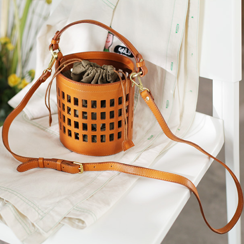 Fashion WOmens Leather Small Leather Hollow Bucket Handbag Purse Green Shoulder Bag for Ladies