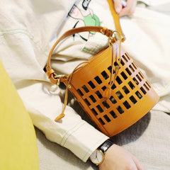 Fashion WOmens Leather Small Leather Hollow Bucket Handbag Purse Green Shoulder Bag for Ladies