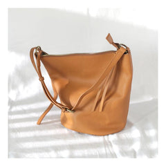 Fashion Womens Brown Leather Bucket Shoulder Bag Soft Leather Zipper White Tote Bucket Crossbody Bag Side Purse
