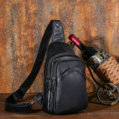 Soft Leather Mens Black One Shoulder Backpack Chest Bag Sling Bag Sling Crossbody Bag For Men