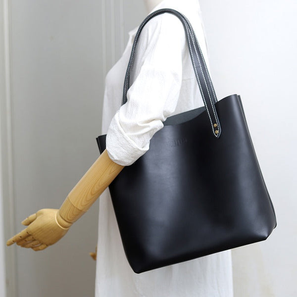 Sqaure LEATHER WOMEN Tote BAGs Black Handmade - Card Slots Detail