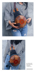 Stitched Brown Leather Men's Sling Bag Circle Shoulder Bag Chest Bag One Shoulder Backpack For Men