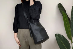 Stylish Black Leather Tote Bag Shoulder Tote Handbag Black Crossbody Tote Purse For Women
