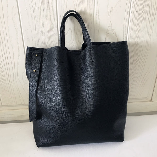 Stylish Black Leather Tote Bag Shoulder Tote - Open Interior
