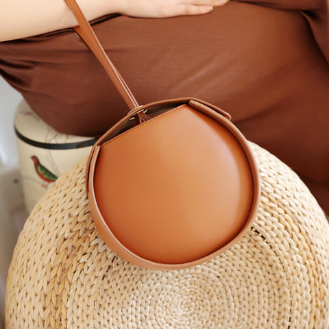 Stylish LEATHER WOMENs Circle Handbags Purse Round SHOULDER Purse for Women