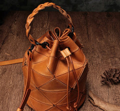 Stylish Leather Brown Bucket Handbag Shoulder Bag Green Barrel Purse For Women