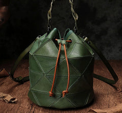 Stylish Leather Brown Bucket Handbag Shoulder Bag Green Barrel Purse For Women