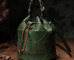 Stylish Leather Brown Bucket Handbag Shoulder Bag Green Barrel Purse For Women