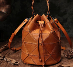 Stylish Leather Brown Bucket Handbag Shoulder Bag Green Barrel Purse For Women
