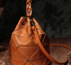 Stylish Leather Brown Bucket Handbag Shoulder Bag Green Barrel Purse For Women