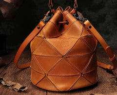 Stylish Leather Brown Bucket Handbag Shoulder Bag Green Barrel Purse For Women