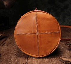 Stylish Leather Brown Bucket Handbag Shoulder Bag Green Barrel Purse For Women