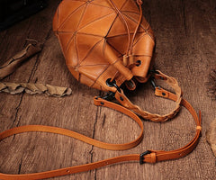 Stylish Leather Brown Bucket Handbag Shoulder Bag Green Barrel Purse For Women