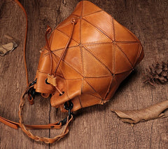 Stylish Leather Brown Bucket Handbag Shoulder Bag Green Barrel Purse For Women