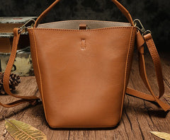 Stylish Leather Brown Gray Bucket Handbag Shoulder Bag Barrel Purse For Women