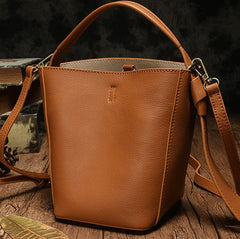 Stylish Leather Brown Gray Bucket Handbag Shoulder Bag Barrel Purse For Women