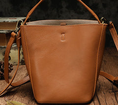 Stylish Leather Brown Gray Bucket Handbag Shoulder Bag Barrel Purse For Women