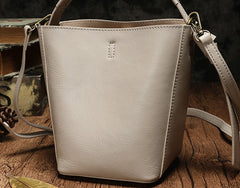 Stylish Leather Brown Gray Bucket Handbag Shoulder Bag Barrel Purse For Women