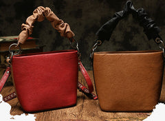 Stylish Leather Red Bucket Handbag Shoulder Bag Barrel Purse For Women