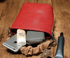 Stylish Leather Red Bucket Handbag Shoulder Bag Barrel Purse For Women