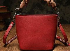 Stylish Leather Red Bucket Handbag Shoulder Bag Barrel Purse For Women