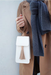 Stylish White Leather Womens Handbag Tassel Wristlet Bag Clutch for Women