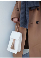 Stylish White Leather Womens Handbag Tassel Wristlet Bag Clutch for Women
