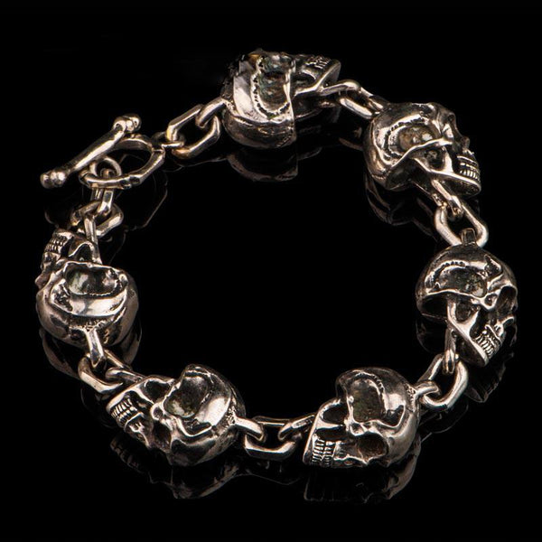 silver Brass Stainless Steel Biker Trucker Skulls Heavy Gothic Skulls Mens Bracelet Biker Jewelry