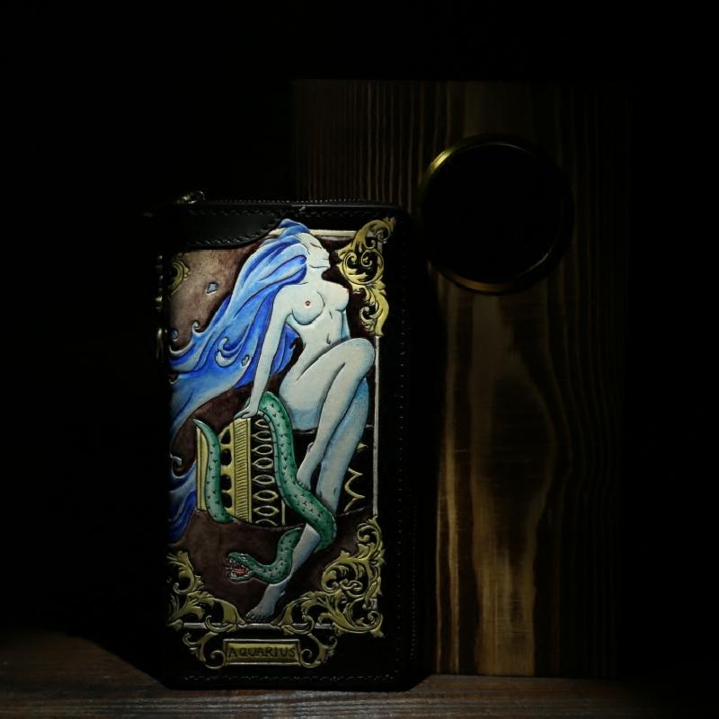 cool leather wallets​ Handmade Tooled Leather Biker Wallet Constellation Aquarius Mens Cool Chain Wallet Wallet with Chain