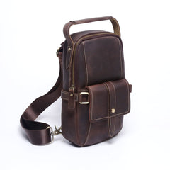 Genuine Leather Mens Cool Chest Bag Sling Bag Coffee One shoulder Backpack for men