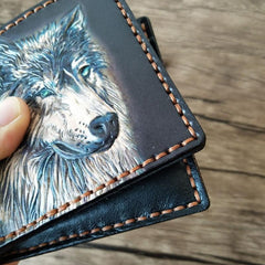 Handmade Leather Wolf Tooled Mens billfold Wallet Cool Leather Wallet Slim Wallet for Men