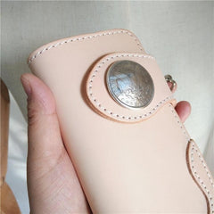 Handmade Beige Long Biker Wallets with Chain Cool Mens Leather Biker Chain Wallets