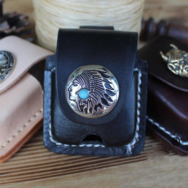 Handmade Mens Black Leather Armor Zippo Lighter - Back View