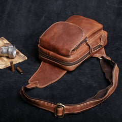 Genuine Leather Mens Cool Chest Bag Brown Sling Bag One Shoulder Backpack for men