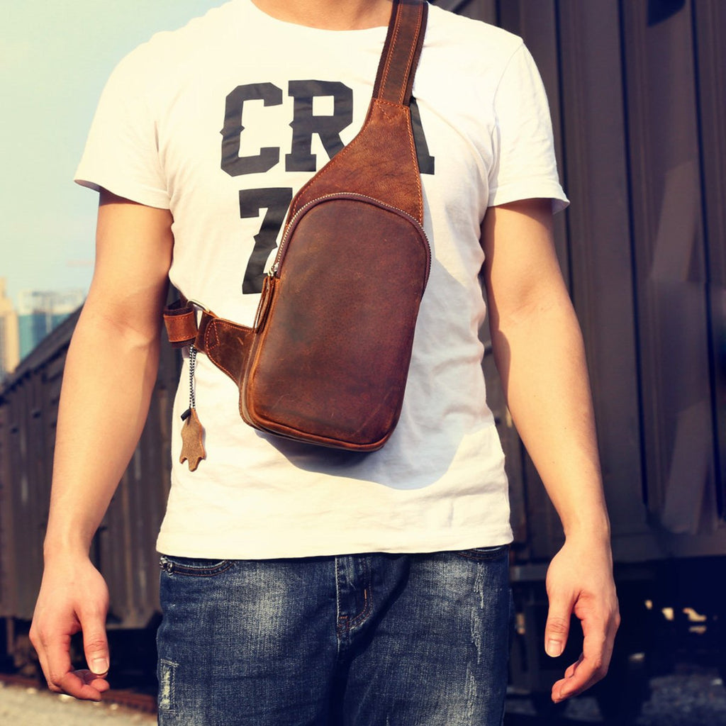 Genuine Leather Mens Cool Chest Bag Sling Bag Crossbody Bag Travel Bag