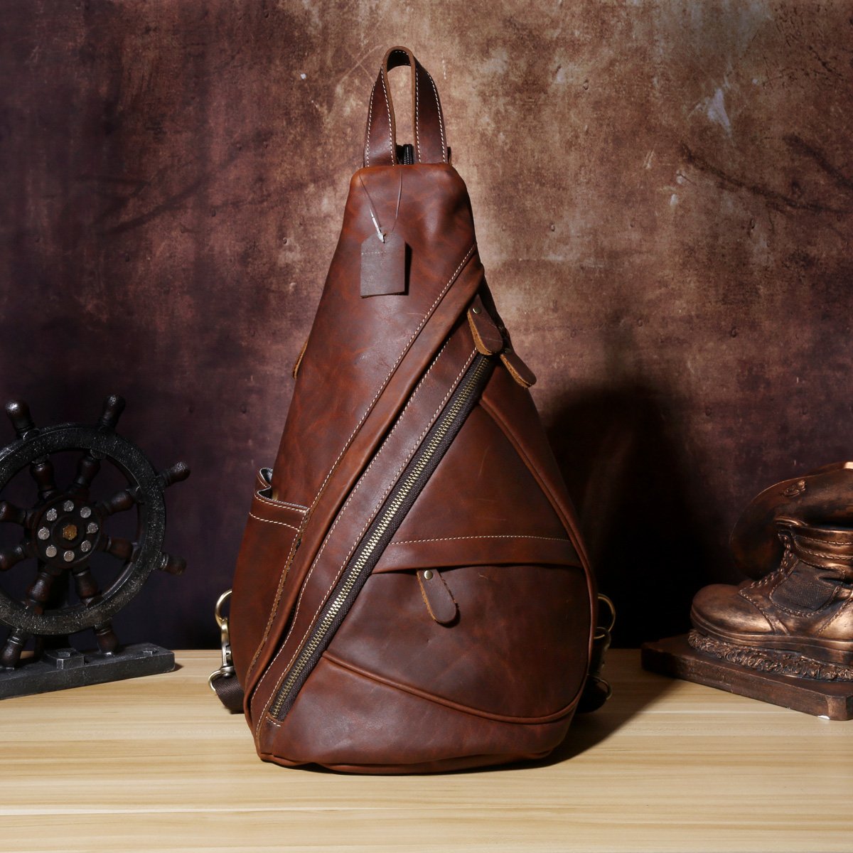 Genuine Brown Leather Mens Cool Chest Bag Sling Bag Sling Backpack for men