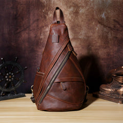 Genuine Brown Leather Mens Cool Chest Bag Sling Bag Sling Backpack for men