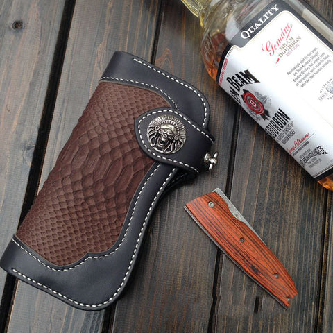 Handmade biker trucker wallet leather chain men boa skin coffee black wallet - EverHandmade
