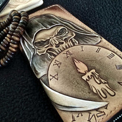 Handmade Leather Skull Death Tooled Mens Long Wallet Cool Leather Wallet Clutch Wallet for Men