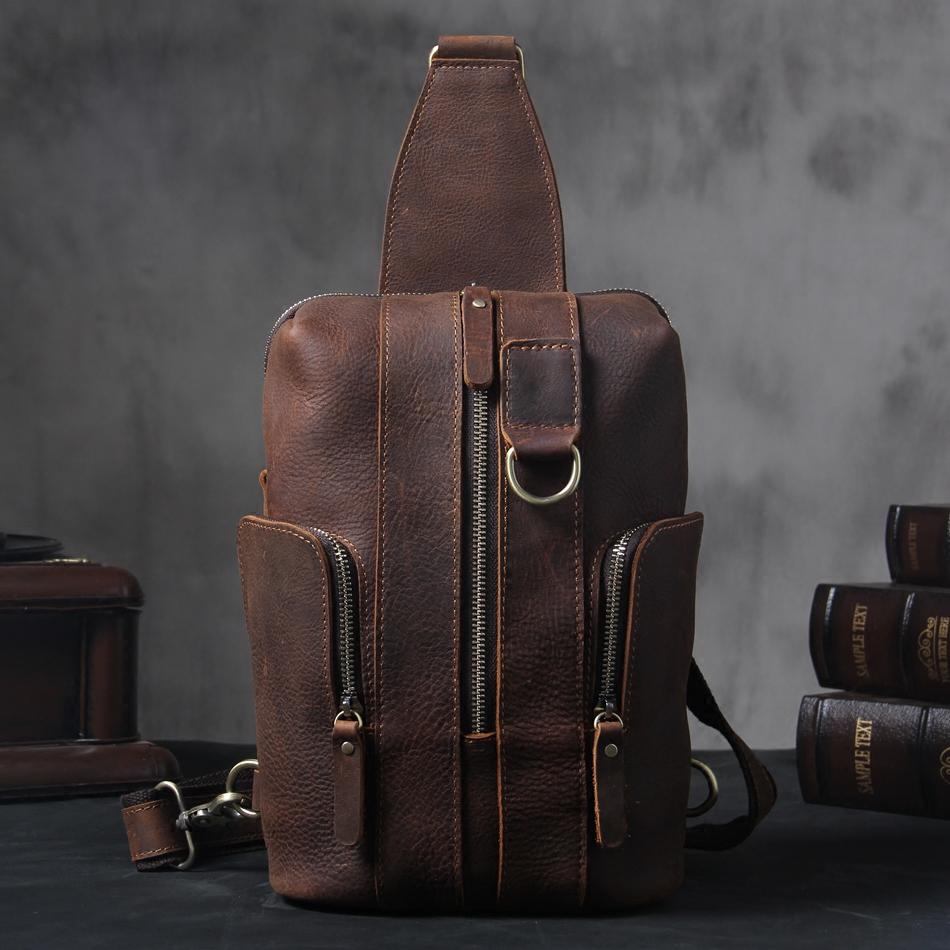 Handmade Genuine Leather Coffee Mens Cool Sling Pack Bag Crossbody Bag Chest Bag for men
