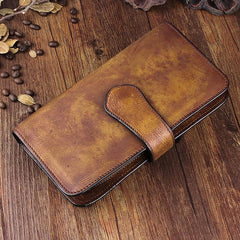 Handmade Leather Mens Cool Long Leather Wallet Trifold Clutch Wallet for Men