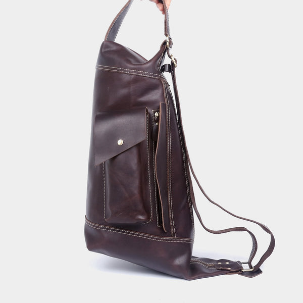 Genuine Leather Mens Coffee Cool Sling Pack Chest Bag Sling Bag Crossbody Pack for men