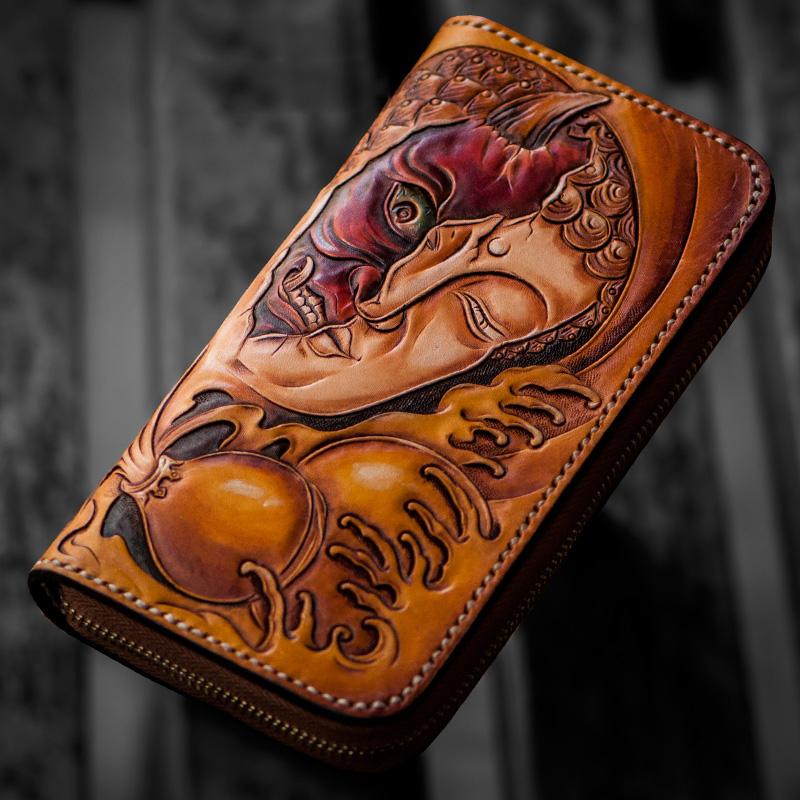 Handmade Mens Long Leather Wallet Cool Buddha&Demon Tooled Wallet Long Zipper Wallets for Men