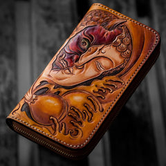 Handmade Mens Long Leather Wallet Cool Buddha&Demon Tooled Wallet Long Zipper Wallets for Men