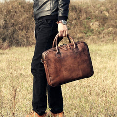 Vintage Leather Mens Brown Briefcase Work Bag Laptop Bag Business Bag for Men