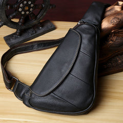 Genuine Black Leather Mens Cool SLing Pack Chest Bag Black Sling Bag Crossbody Bag Pack for men