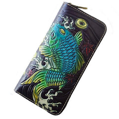 Handmade Leather Carp Tooled Mens Long Wallet Cool Leather Wallet Clutch Wallet for Men