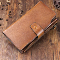 Handmade Leather Mens Cool Long Leather Wallet Wristlet Clutch Wallet for Men