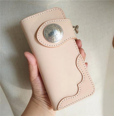 Handmade Beige Long Biker Wallets with Chain Cool Mens Leather Biker Chain Wallets