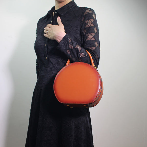 Women Leather round circle handbag shoulder bag for women leather crossbody bag - EverHandmade